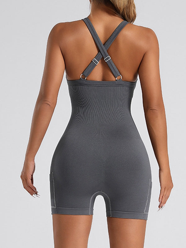 ZASUWA Female Ribbed Pocket Cross Back Scrunch Bum Seamless Romper