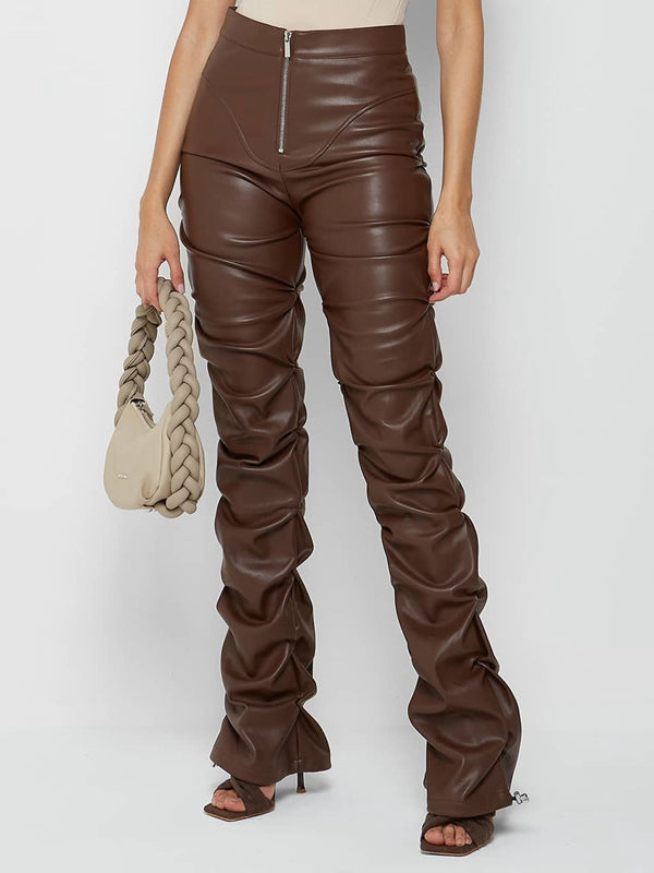 ZASUWA Female Faux Leather Folds Zipper Fashion Leggings