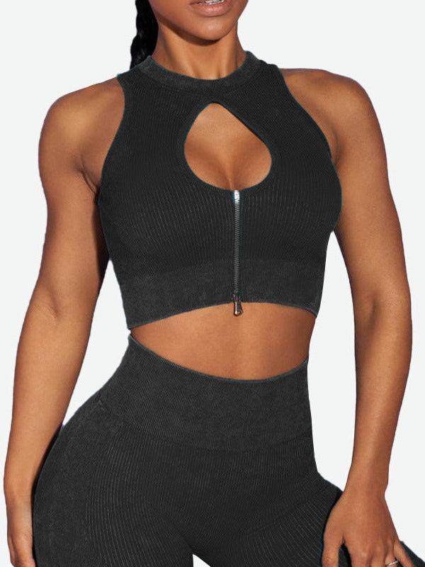 ZASUWA Female Zip Hollow Out Ribbed Sports Bras