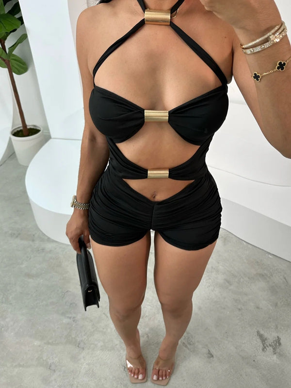 ZASUWA Female Sexy Halter Hollow Out Scrunch Bum Short Romper