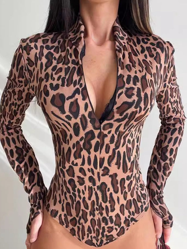ZASUWA Female Sexy Leopard Print Zipper Bodysuit