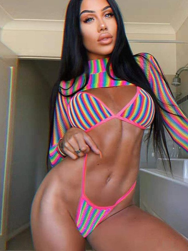 طقم بيكيني ZASUWA نسائي بشريط قوس قزح وواقي من الشمس مكون من 3 قطع