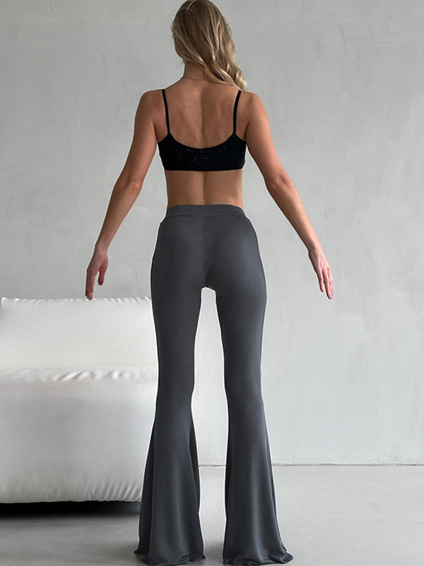 ZASUWA Female V-shaped Waist Stripes Splicing Casual Loose Flare Leggings