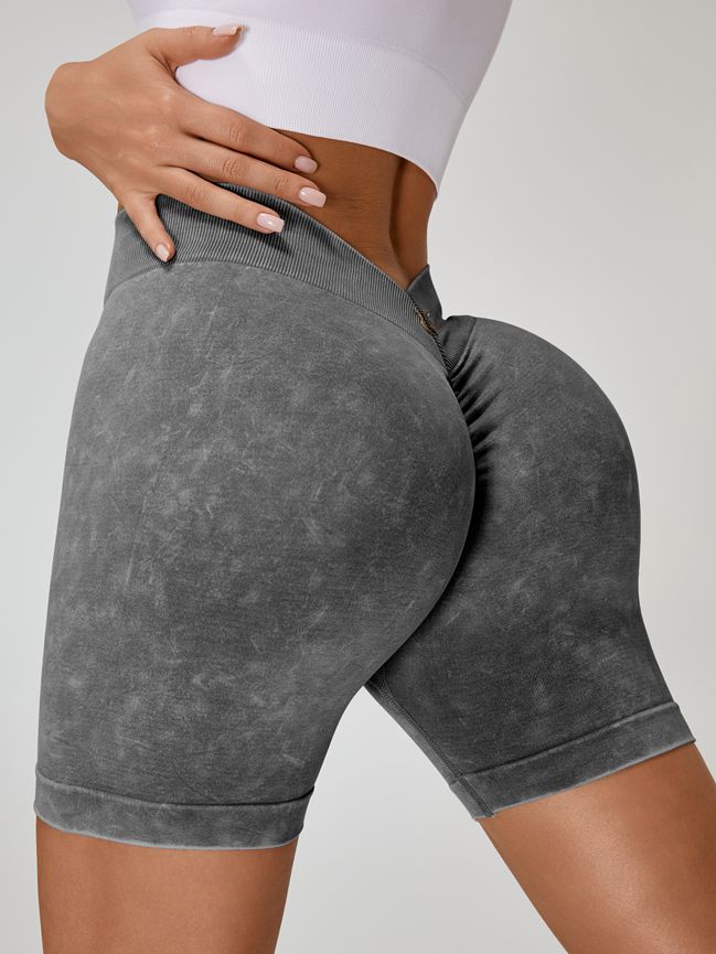 ZASUWA Female Deep V Back Faux Denim Scrunch Bum Spandex Gym Booty Shorts