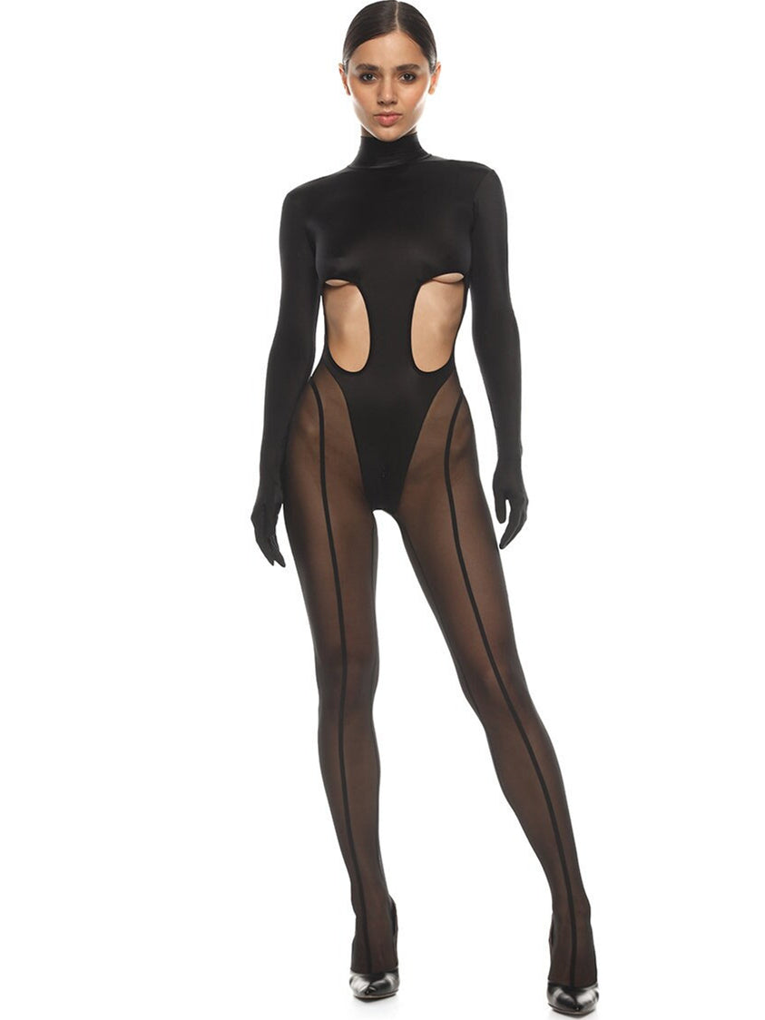 ❤ZASUWA Female Unique Cutout Super Mesh Zipper Booty Jumpsuit