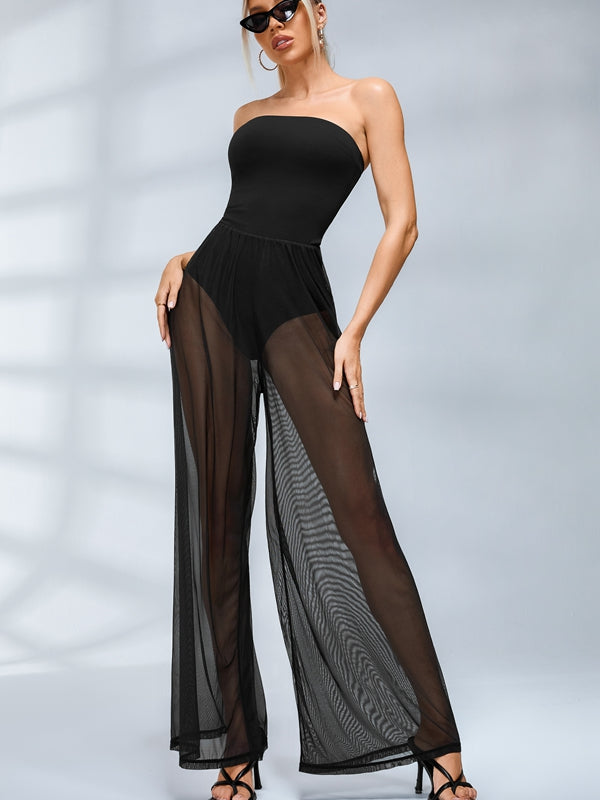 ?ZASUWA Female Sexy Sheer Mesh Backless Flare Jumpsuit