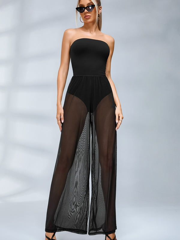 ?ZASUWA Female Sexy Sheer Mesh Backless Flare Jumpsuit