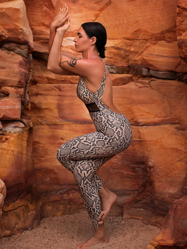 ?ZASUWA Female Sexy Fishnet Snake Print Backless Jumpsuits