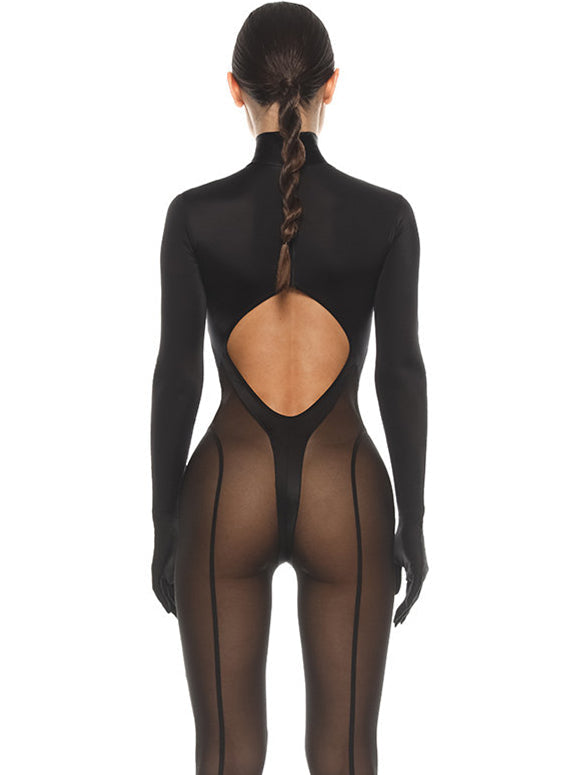 ❤ZASUWA Female Unique Cutout Super Mesh Zipper Booty Jumpsuit