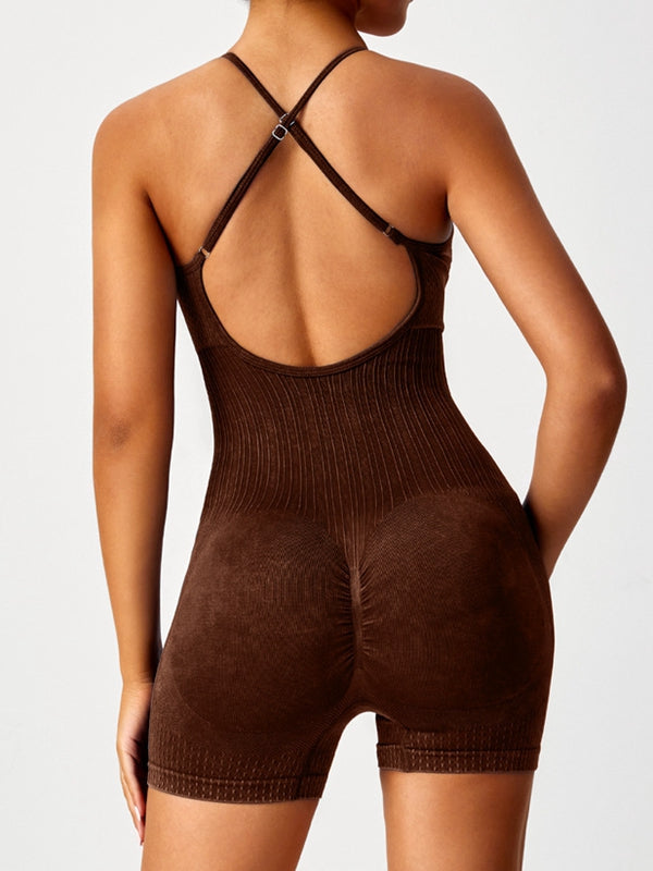 ZASUWA Female Denim Cross Back Hollow Out Frosted Nude Sensation Backless Romper