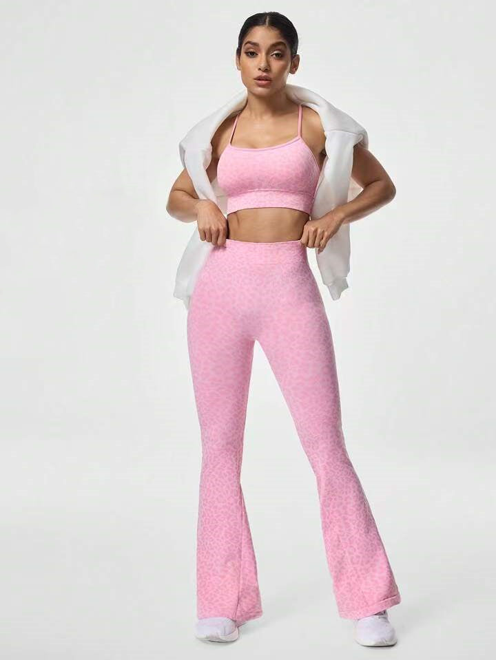 ZASUWA Female Leopard Print Cross Back Flare Design Tracksuit