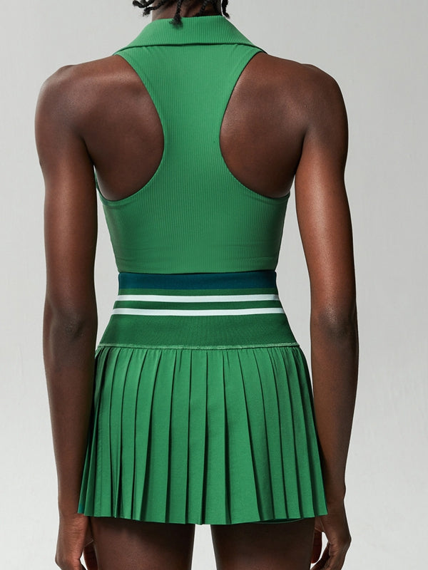 ZASUWA Female V-Collar Pleated 2 In 1 Tennis Skirts Suit