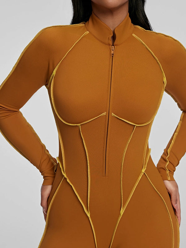 ZASUWA Female Sexy Backless Zipper Contrast Color Stripes Jumpsuit