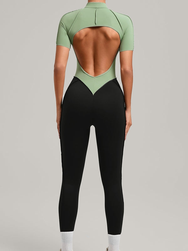 ZASUWA Female Contrast Color Backless Stitch Zipper Jumpsuit