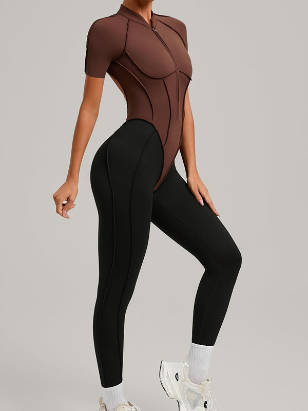 ZASUWA Female Contrast Color Backless Stitch Zipper Jumpsuit
