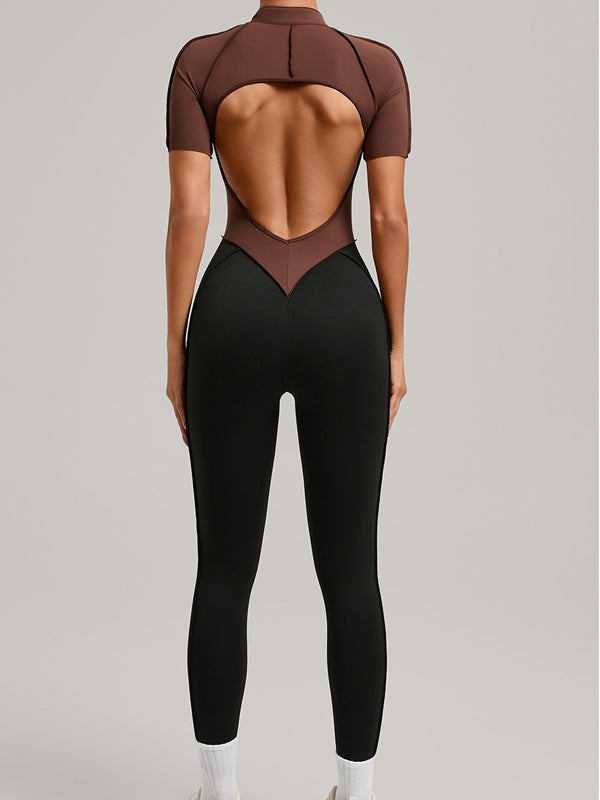ZASUWA Female Contrast Color Backless Stitch Zipper Jumpsuit