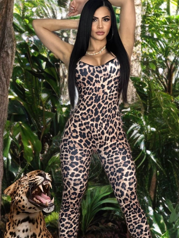 ?ZASUWA Female Leopard Print U Collar Jumpsuit