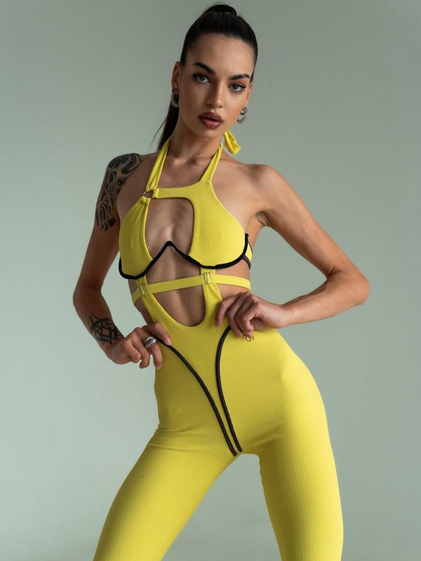 ?ZASUWA Female Sexy Contrast Color Stripe Hollow Out Jumpsuit