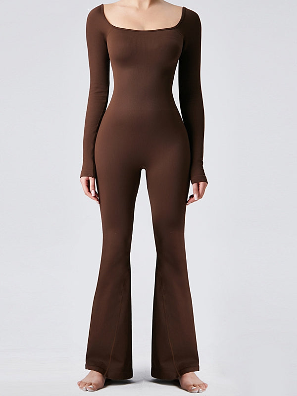 ZASUWA Female Ribbed U Collar Flare Jumpsuit
