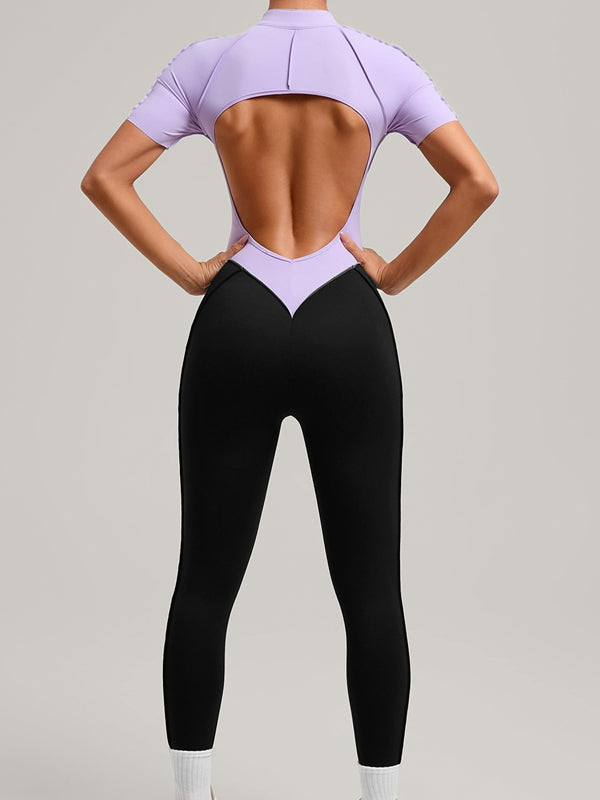 ZASUWA Female Contrast Color Backless Stitch Zipper Jumpsuit