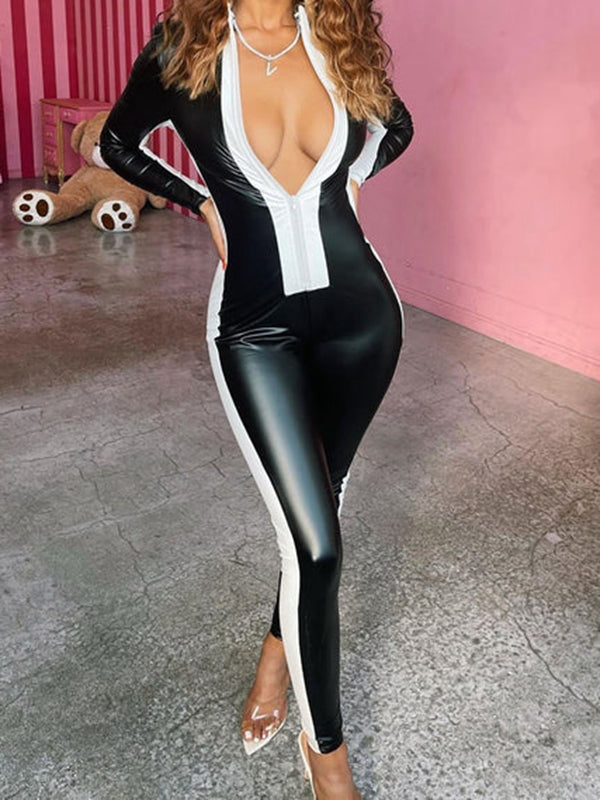 ?ZASUWA Female Sexy Contrast Color Faux Leather Zipper Jumpsuit