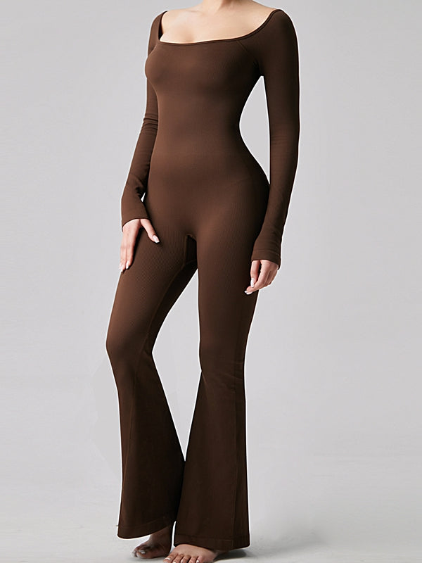 ZASUWA Female Ribbed U Collar Flare Jumpsuit