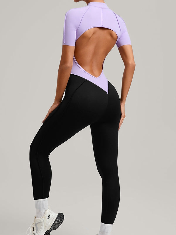 ZASUWA Female Contrast Color Backless Stitch Zipper Jumpsuit