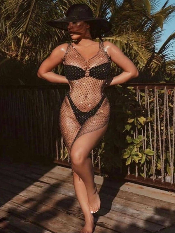 ZASUWA Female Sexy Fishnet Diamond Beach Dress Without Bikini Set