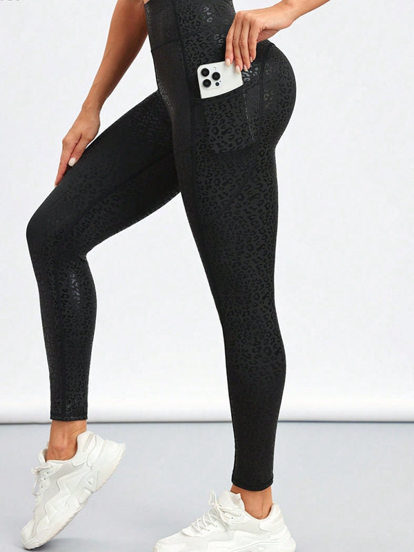 ZASUWA Female Sexy Faux Leather Leopard Print Pocket Leggings