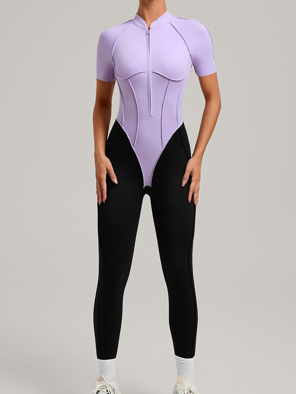 ZASUWA Female Contrast Color Backless Stitch Zipper Jumpsuit