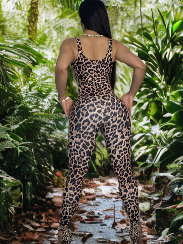 ?ZASUWA Female Leopard Print U Collar Jumpsuit