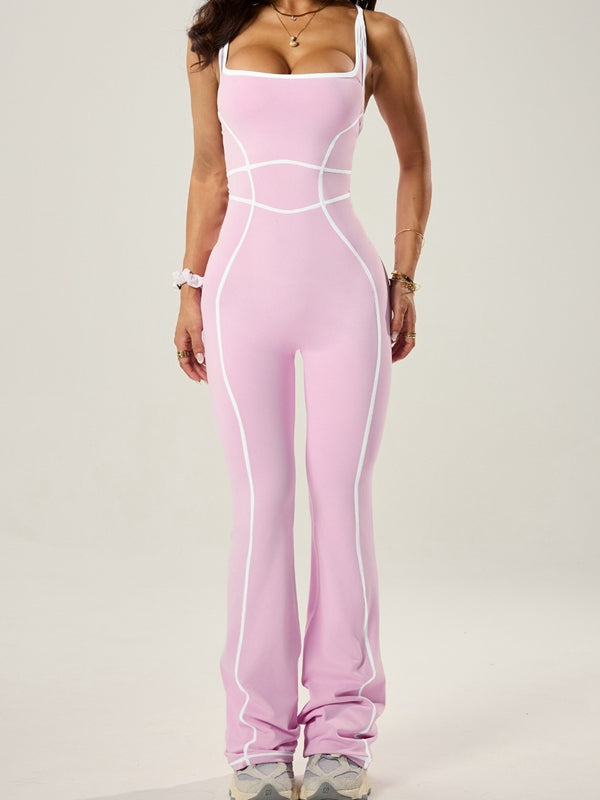ZASUWA Female Sexy Contrast Color Stripes Cross Back Flare Jumpsuit