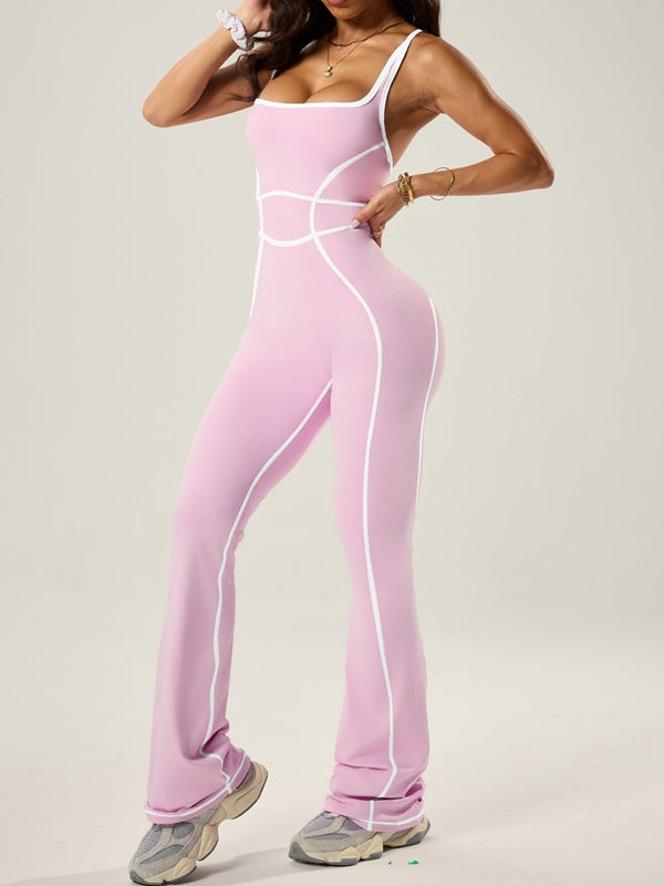 ZASUWA Female Sexy Contrast Color Stripes Cross Back Flare Jumpsuit