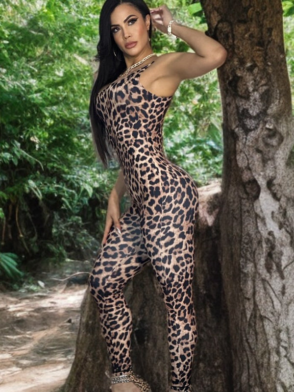 ?ZASUWA Female Leopard Print U Collar Jumpsuit