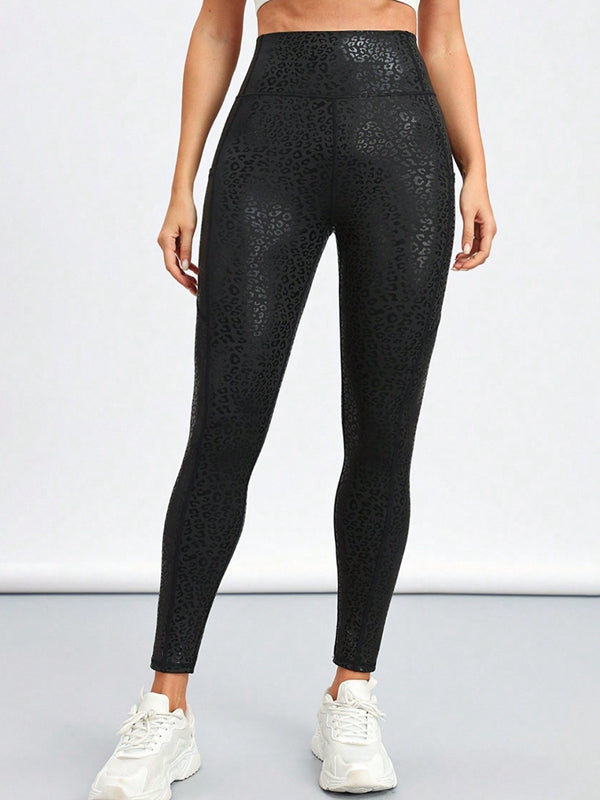 ZASUWA Female Sexy Faux Leather Leopard Print Pocket Leggings