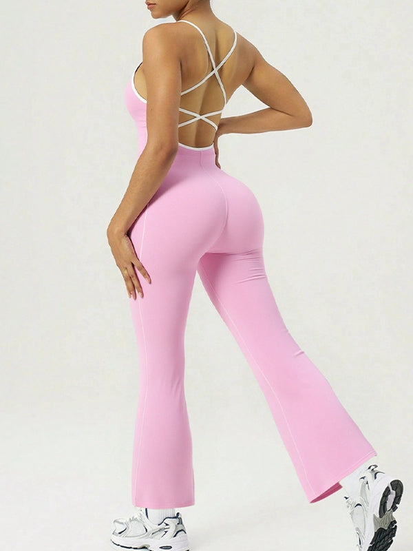 ZASUWA Female Sexy Contrast Color Stripes Cross Back Flare Jumpsuit
