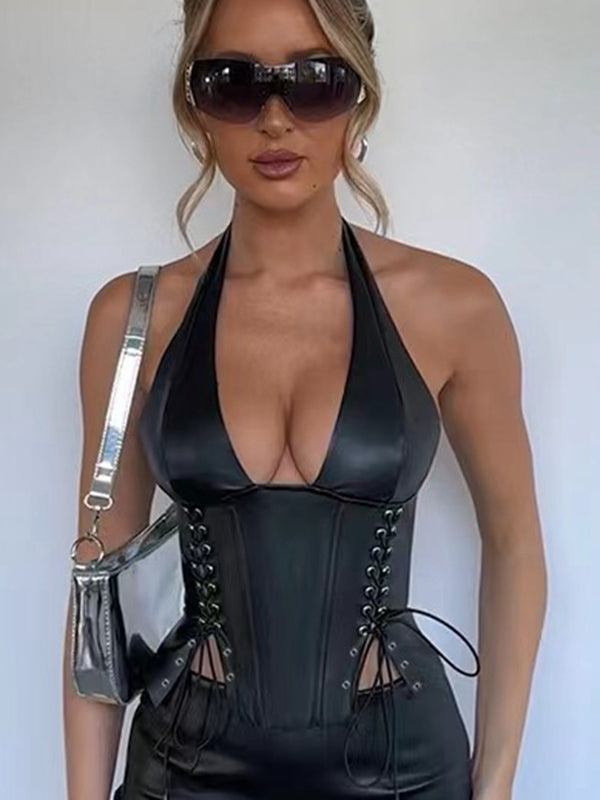 ZASUWA Female Faux Leather Lace-up Tank