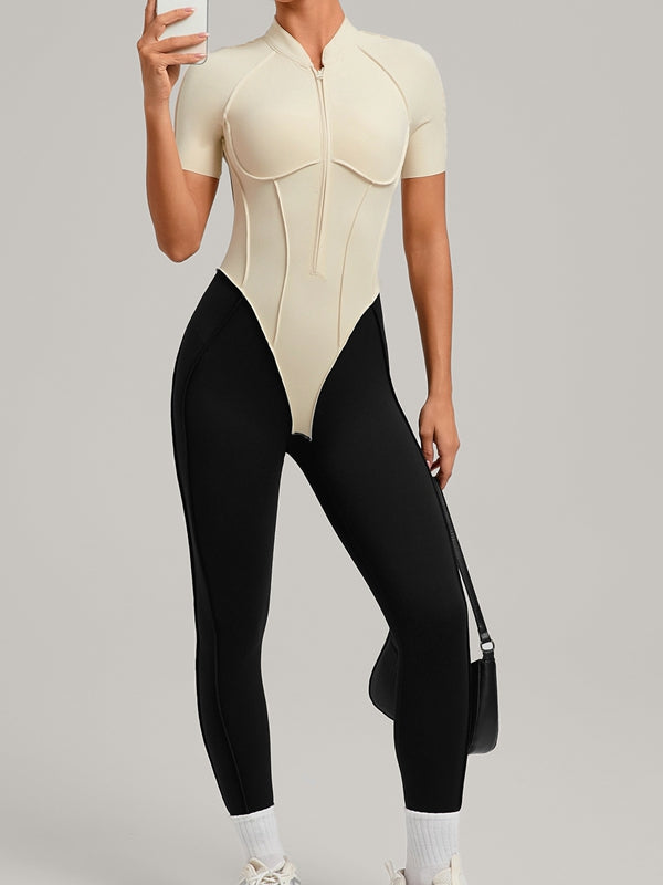 ZASUWA Female Contrast Color Backless Stitch Zipper Jumpsuit
