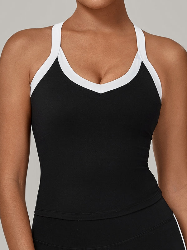 ZASUWA Female Contrast Color Stripe Herat-shape Collar Tank